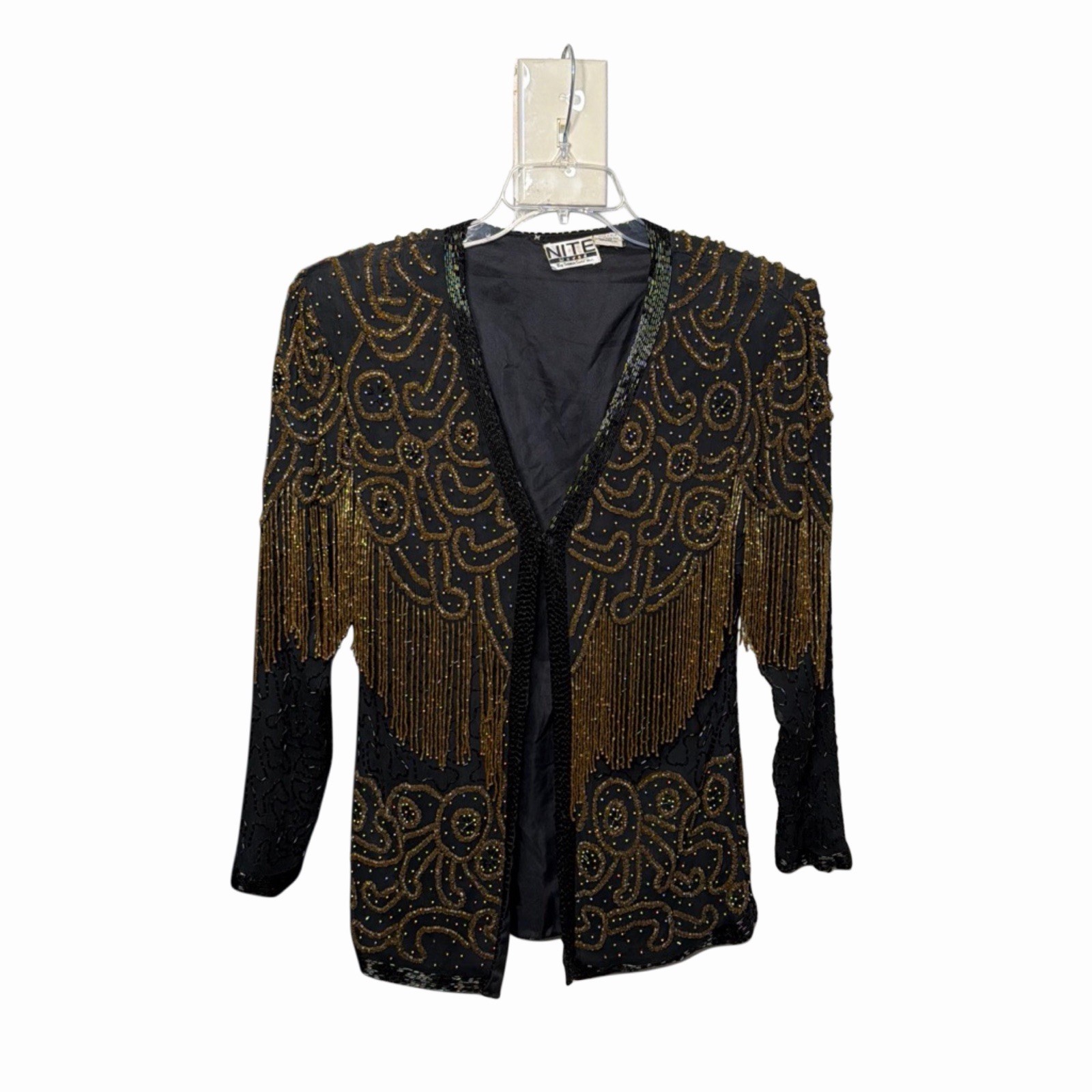 Nite Waves Vintage 80s 90s Pure Silk Beaded Jacket Size M Fringe