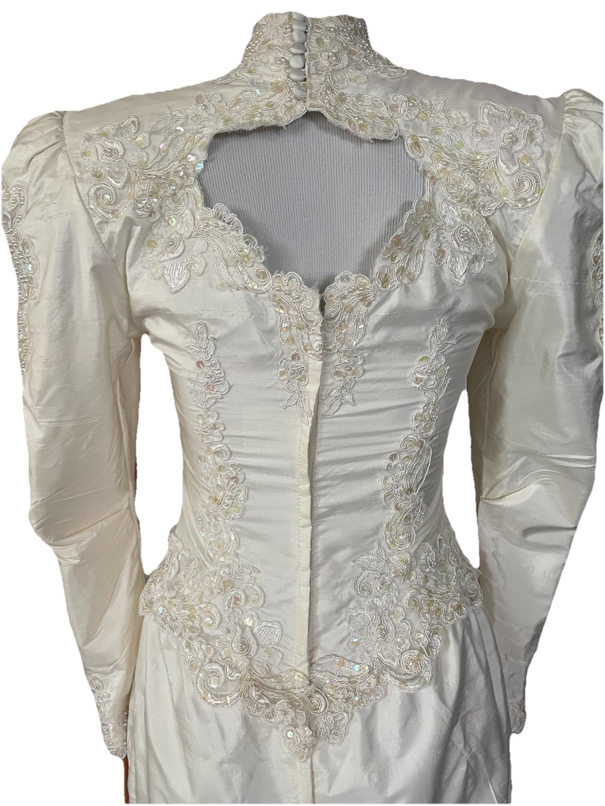 Vtg 80s Embellished Wedding Gown Sz 6 Ivory Floral Embroidery Removable Train