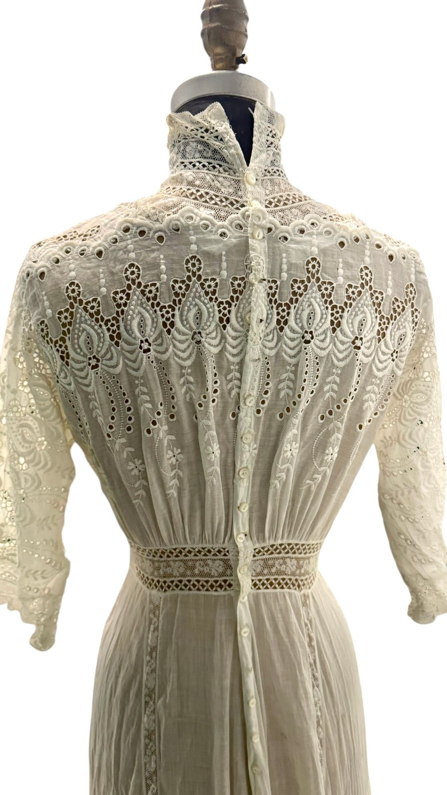 Antique Edwardian White Cotton Eyelet Lace Lawn Dress Small
