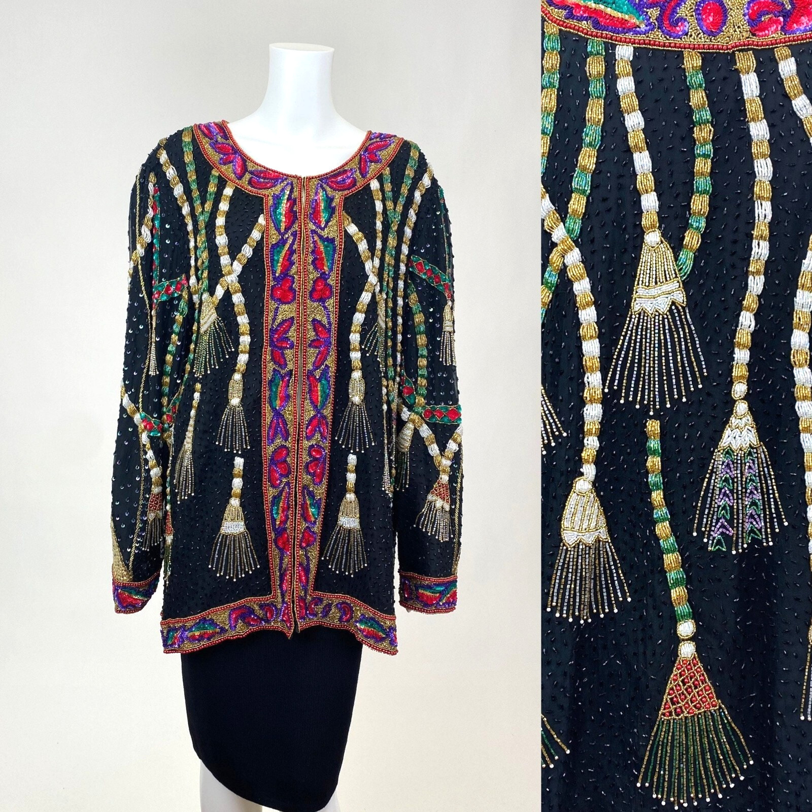 Vintage 1980s Silk Sequins Beaded Jacket Tassel Design Party Top New Years Eve