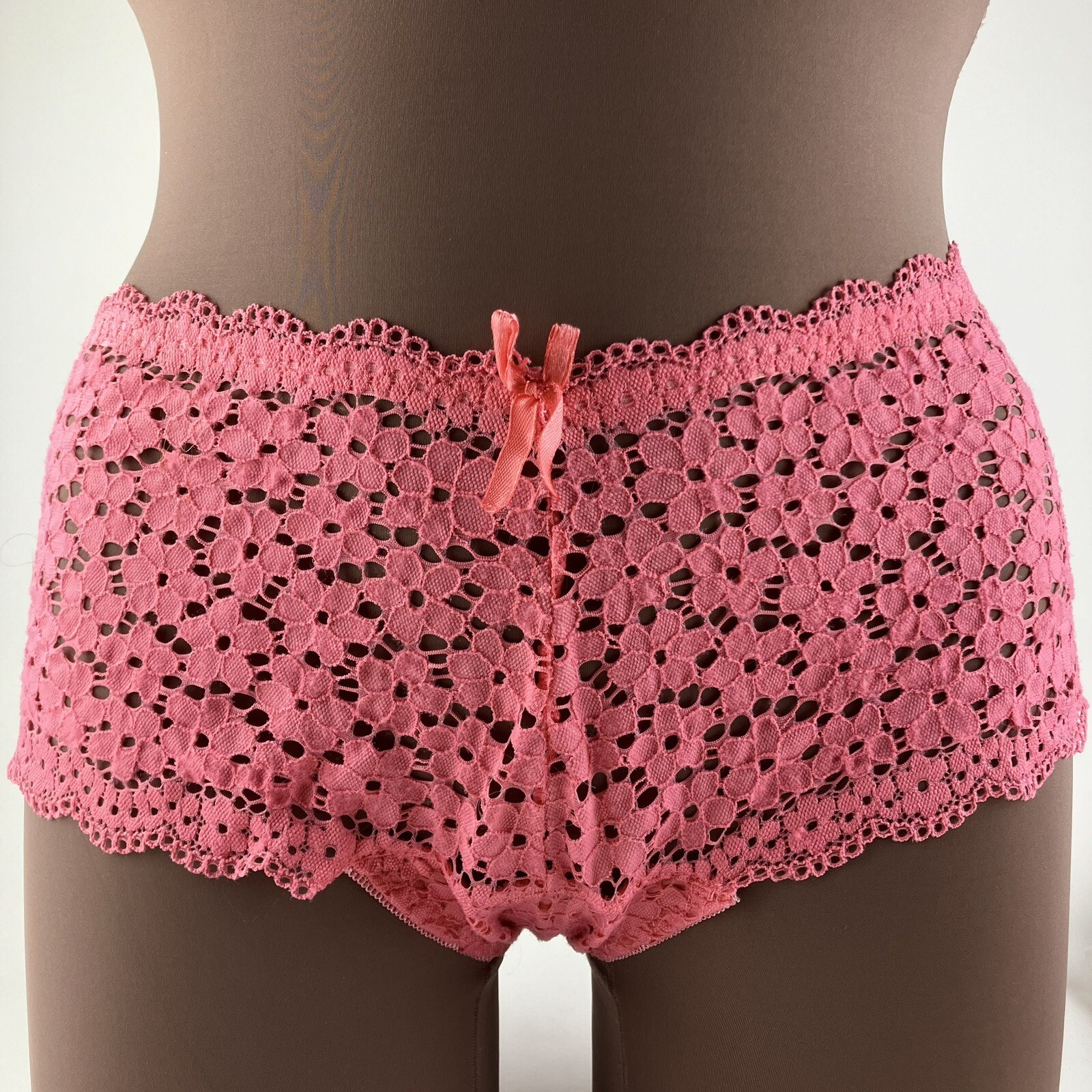 Angelina Panties Pink Daffodil Sheer Stretch Lace Bow Size XL Vintage