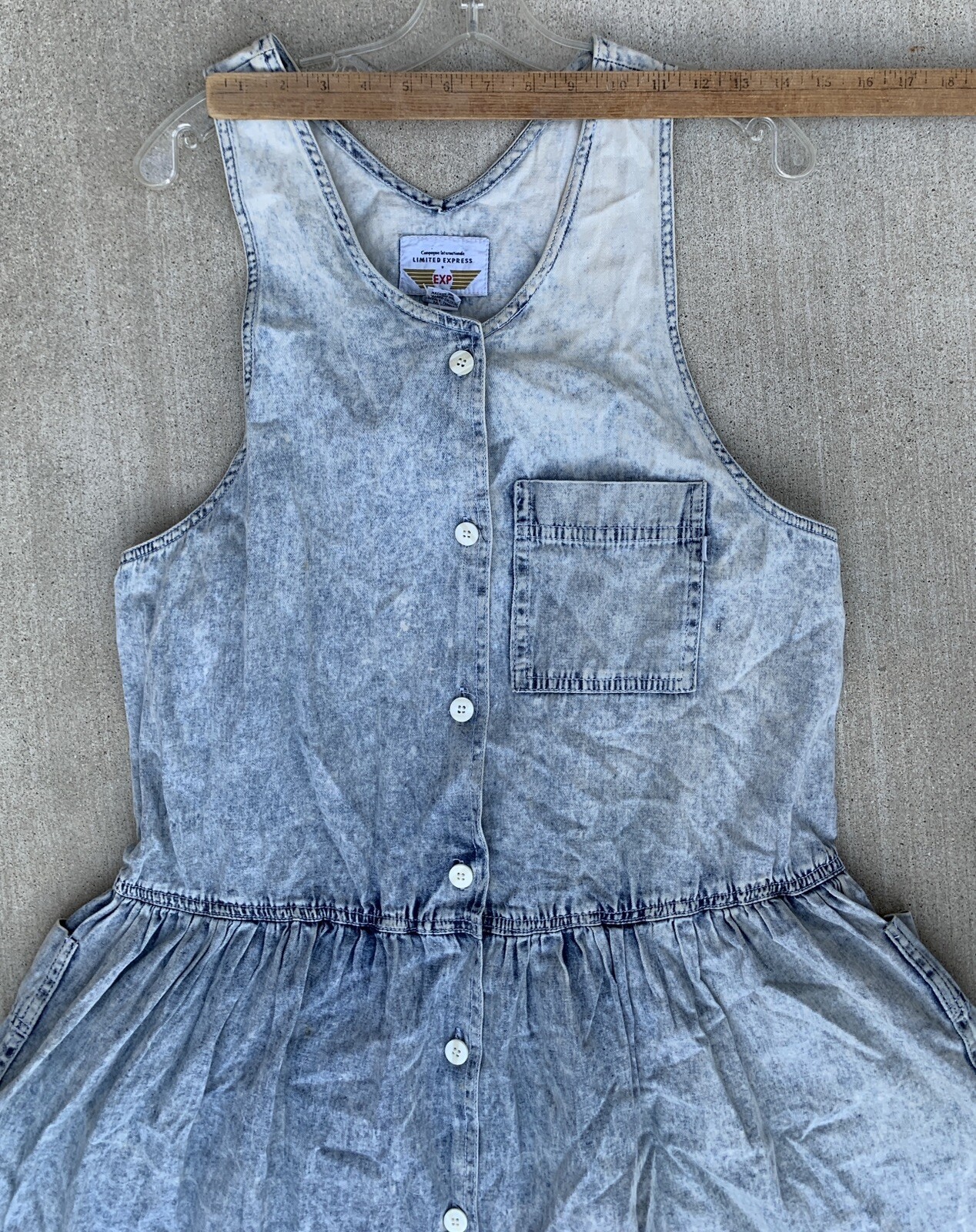 Vintage Limited Express EXP Acid Wash Denim Jumper Dress Pockets 1980s Size L