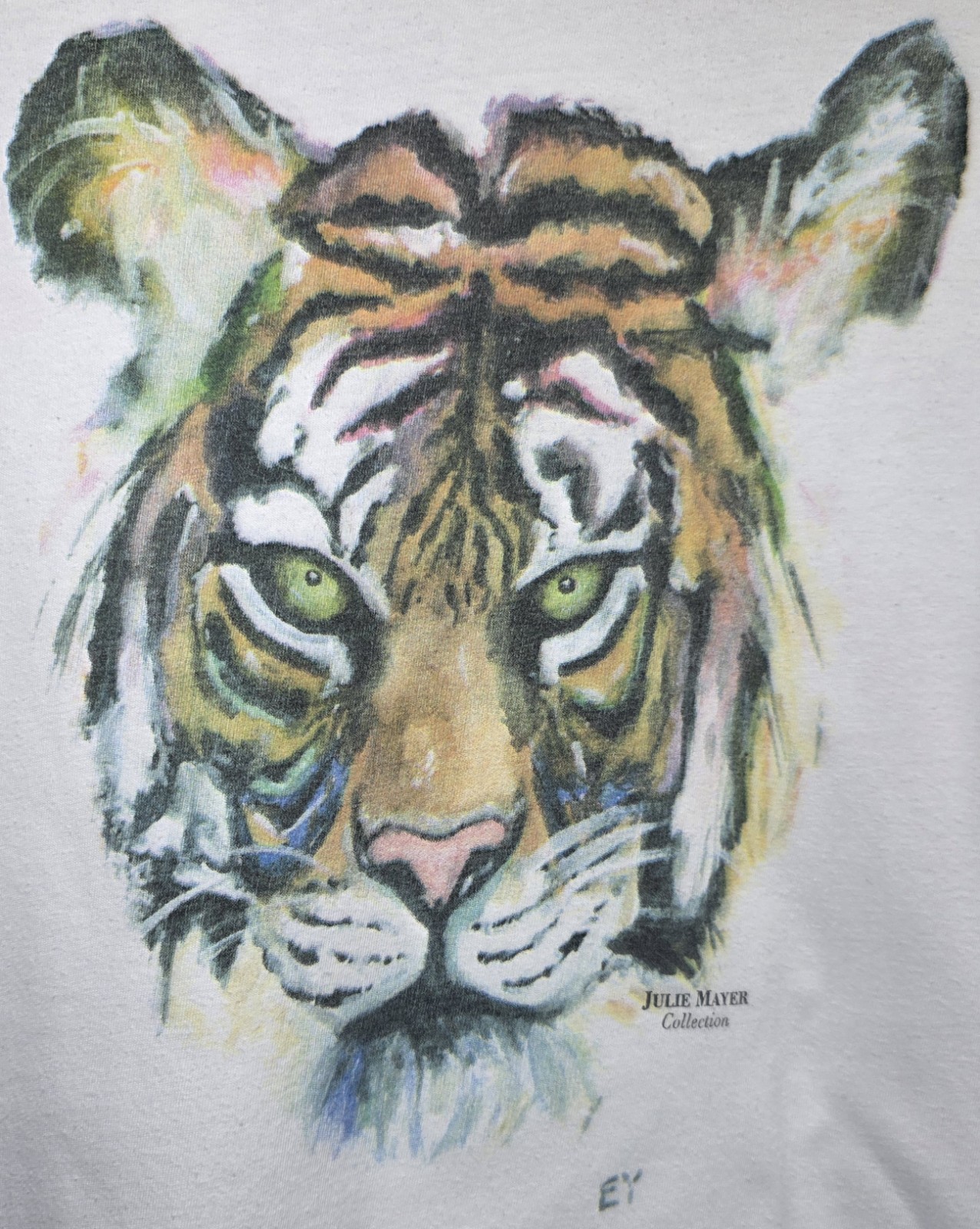 VTG Signed Julie Mayer Collection Single Stitch Tiger Water Color Style MEDIUM