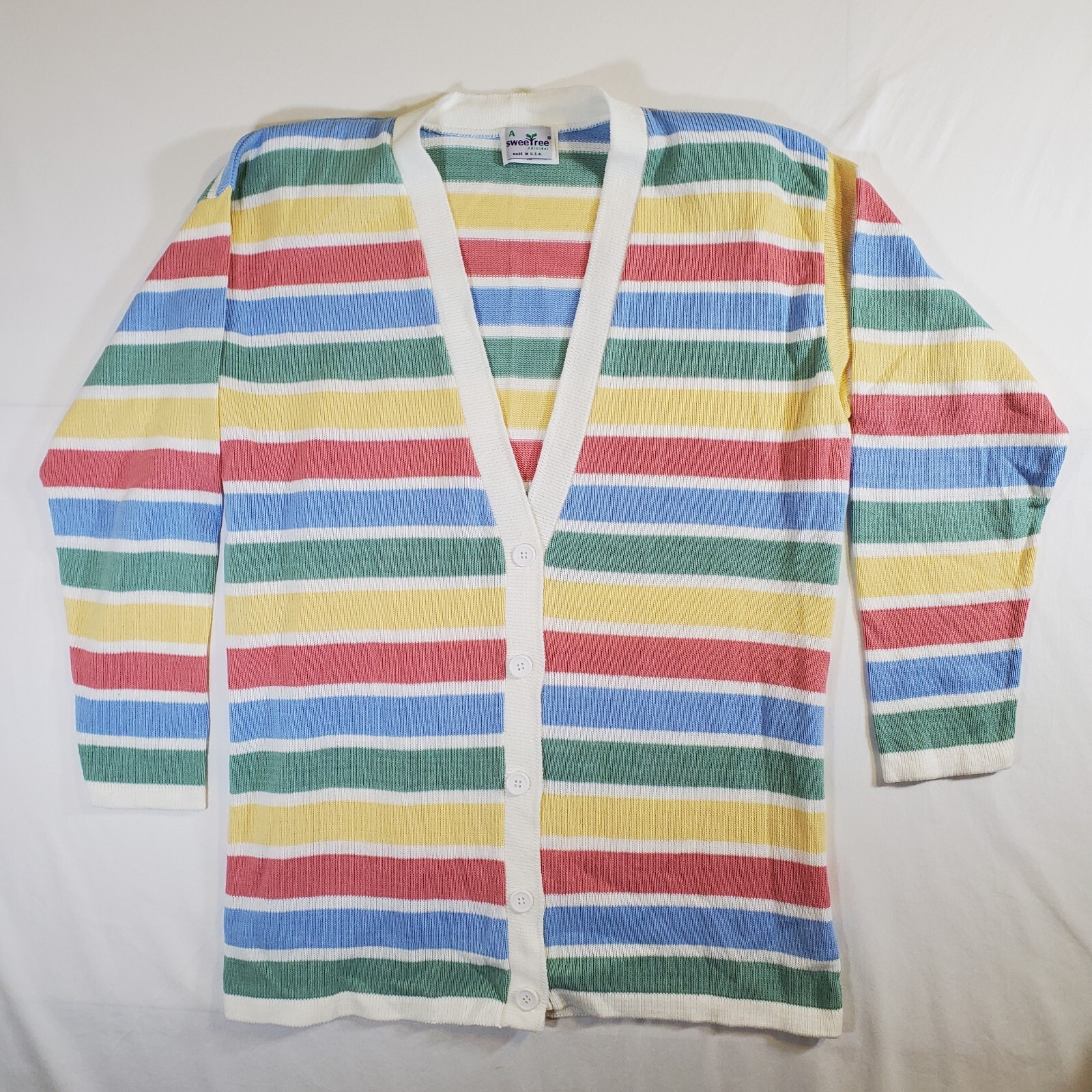 Sweetree Sweet Tree Pastel Green Red Blue Striped VTG Medium Cardigan Sweater