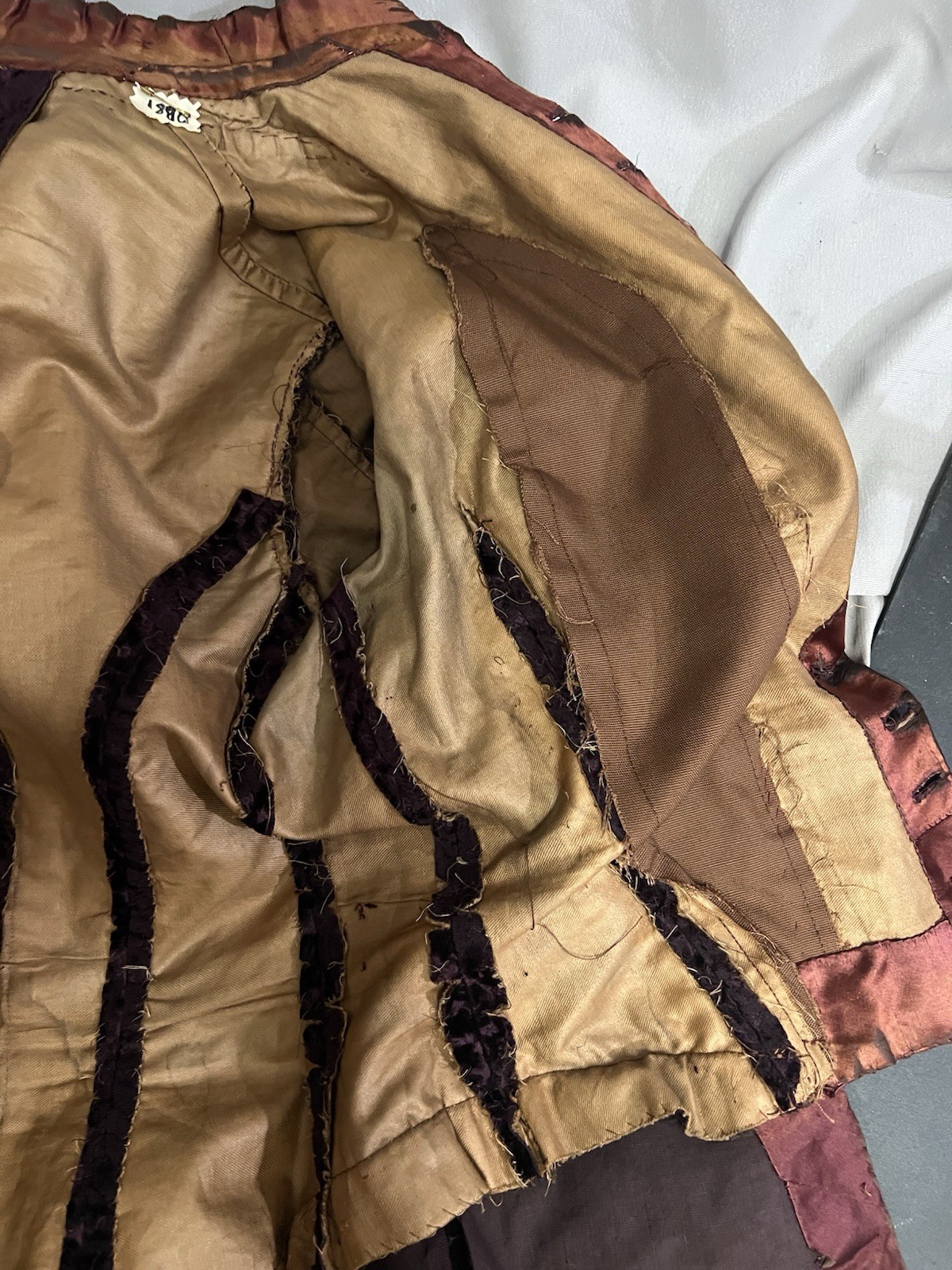 1880’s Burgundy Figured Velvet & Merlo Silk Satin Bodice