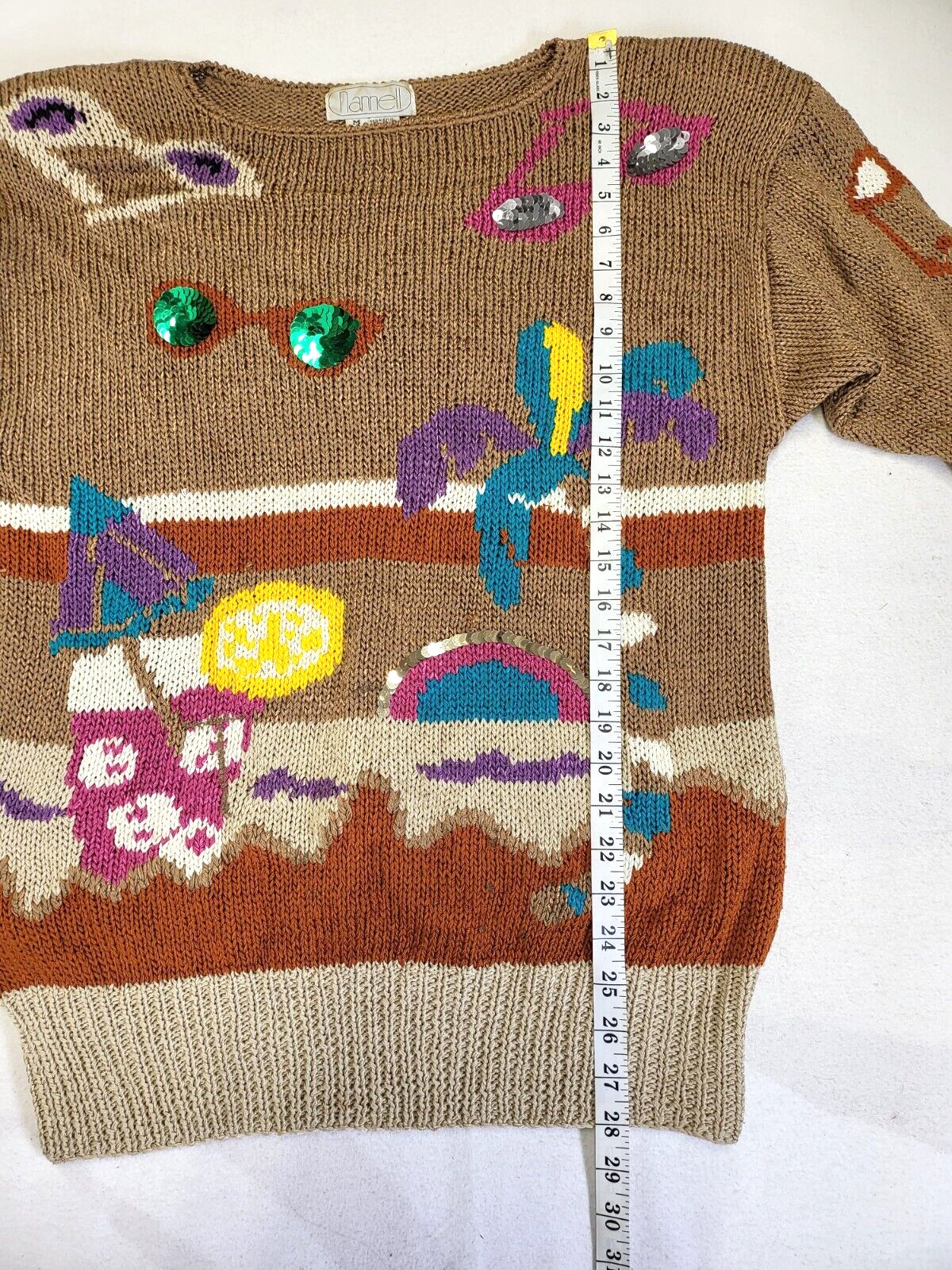 VTG NANNELL Beach Theme Hand Knit Sweater Sunglasses Palm Tree Sunbather Medium