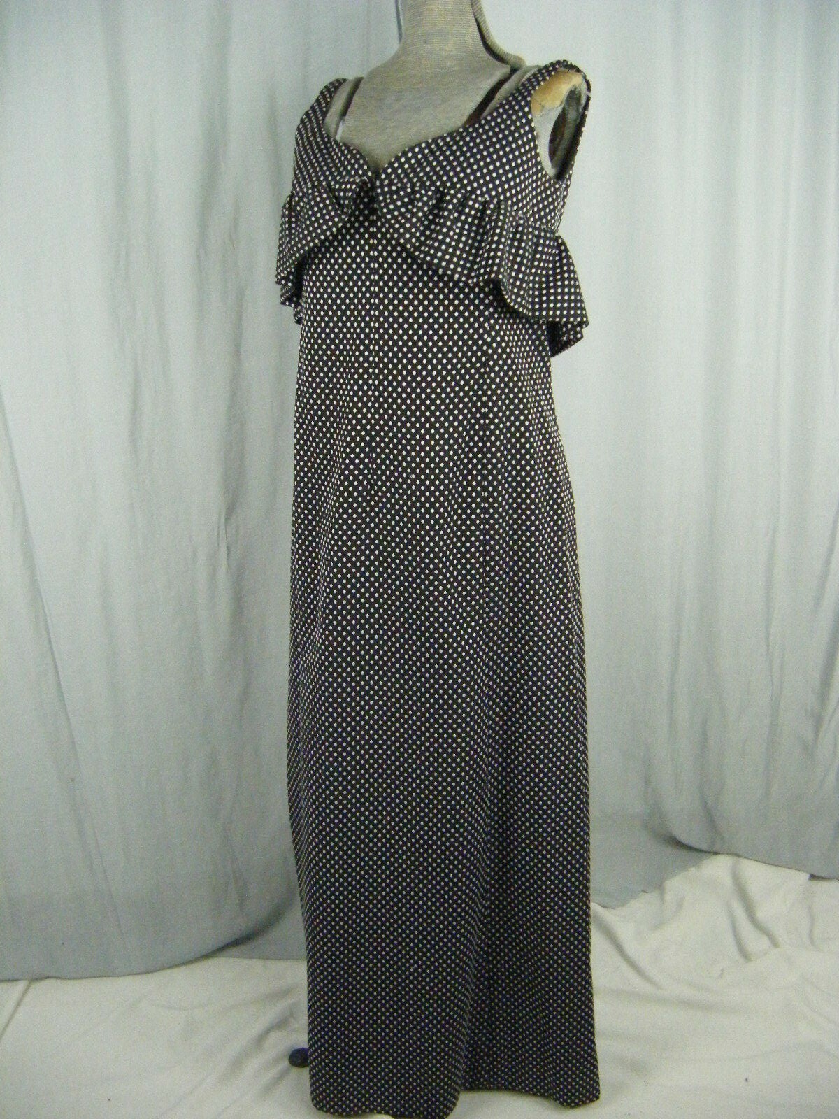 GEOFFREY BEENE Vtg 60-70s Designer Black/Grey Dots Ruffle Dress-Bust 37/XS-S