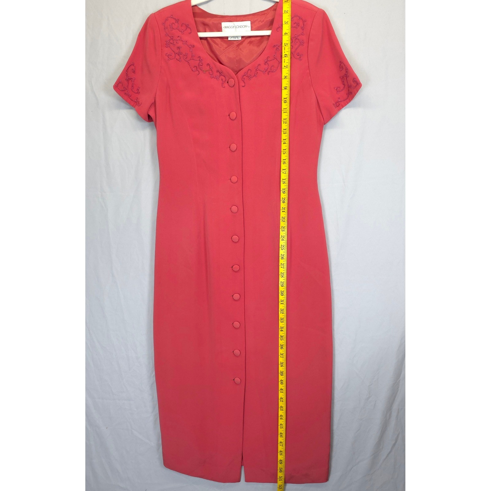 Maggy London Silk Dress Women 12 Coral Pink Embroidered Button Front Midi Church