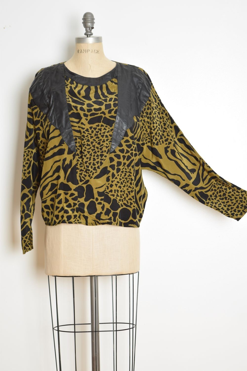 vintage 80s top olive silk black leather dolman blouse shirt animal print XL