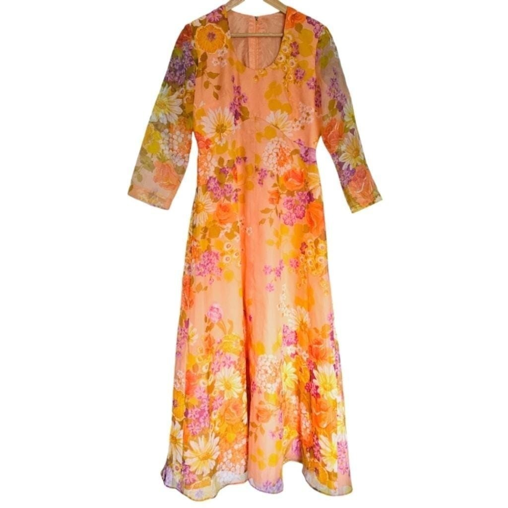 Vintage 70s Formal Floral Peach Long Sleeve Dress Deadstock Jac An Juniors 15/16