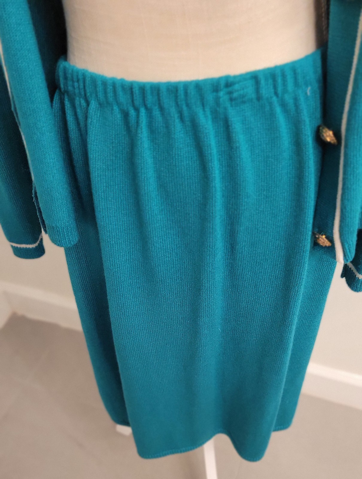 Knit Skirt Suit Lg 2pc Laura byAlyzia 70’s Teal Green Shoulder Pad USA Evc Vtg