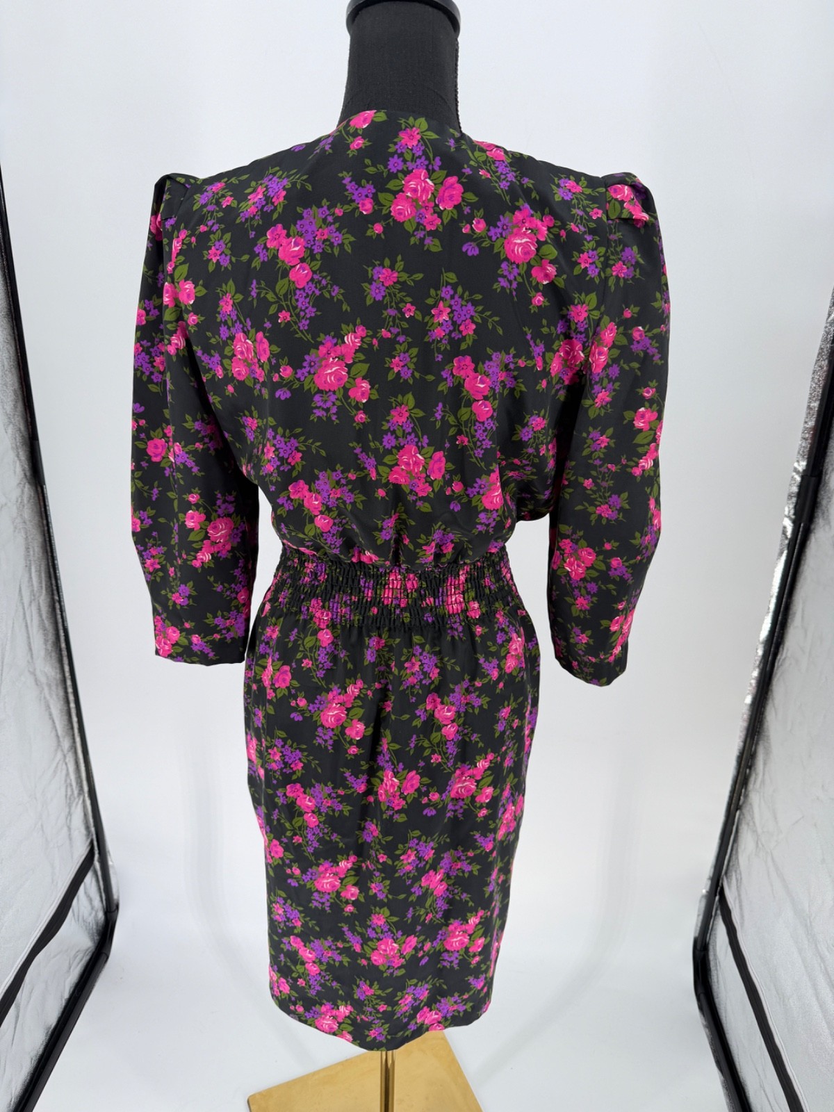 Vtg Petite Jazz Dress Size Med Faux Pearl Buttons Floral Secretary 80’s Glam