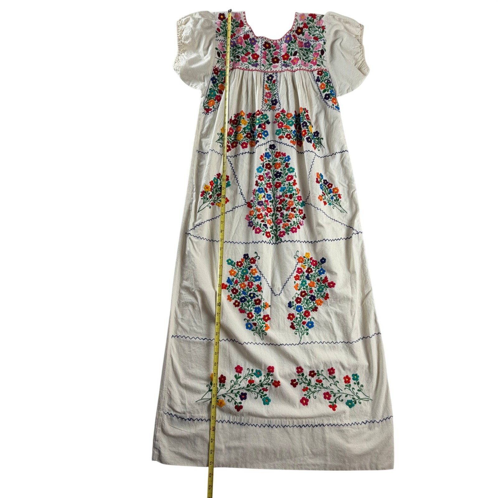 Hand Embroidered Floral Maxi Dress Ivory Boho Folk Art Artisan Peasant