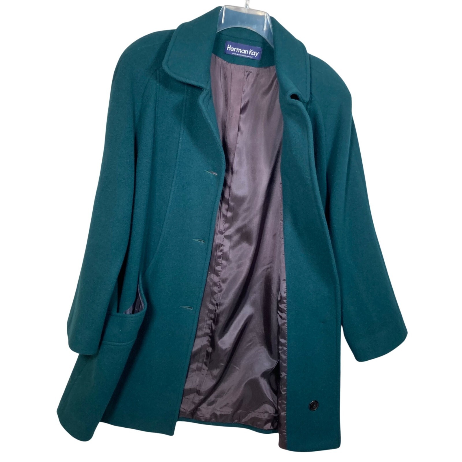 Vintage Herman Kay Womens Dark Green Wool Blend Long Coat Button Pockets Size 16