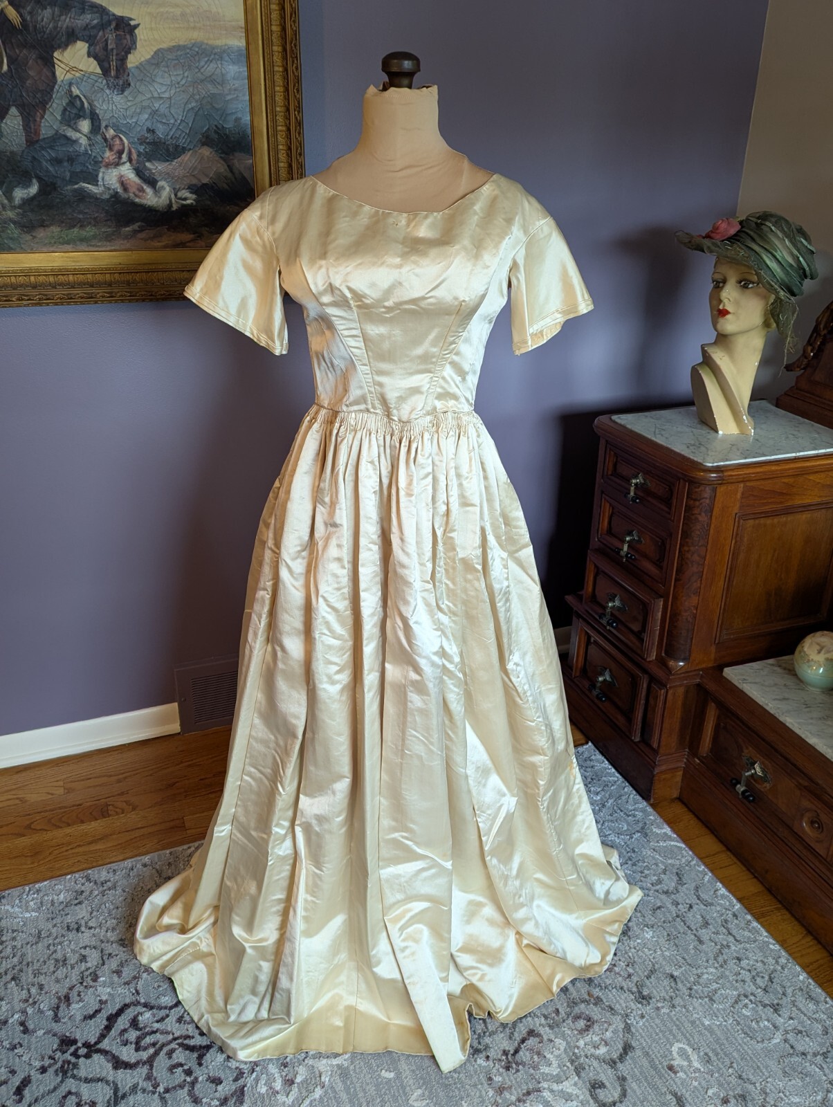 RARE Elegant Antique ca 1850’s Silk/Satin Wedding Dress Gown Handmade Museum