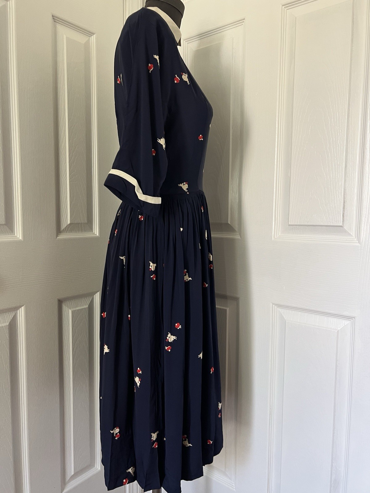 VTG 1950’s Poodle Dog Novelty Prints Blue Dress w Red Lining GOOD CONDITION S M