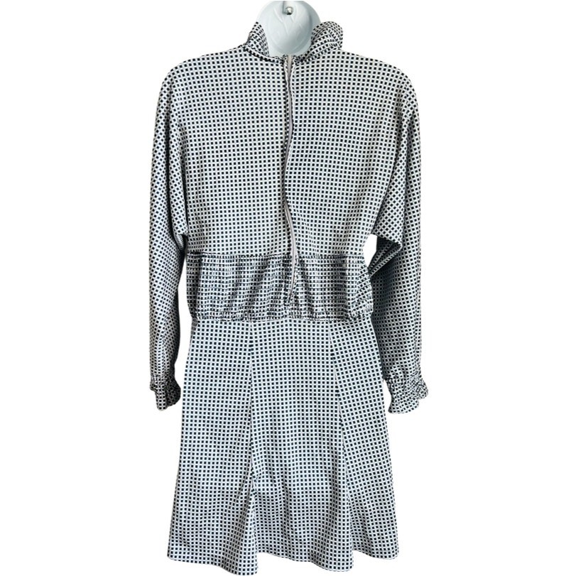 Vintage 70s Check Squares Shirred Blue Cream Tan Turtleneck Dress size S / M