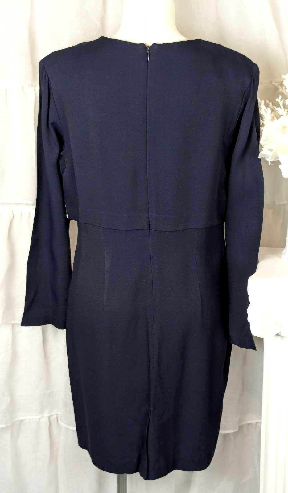 Expo Petite Vintage 80s Elegant Navy Blue White Crop Faux Jacket Sheath Dress S