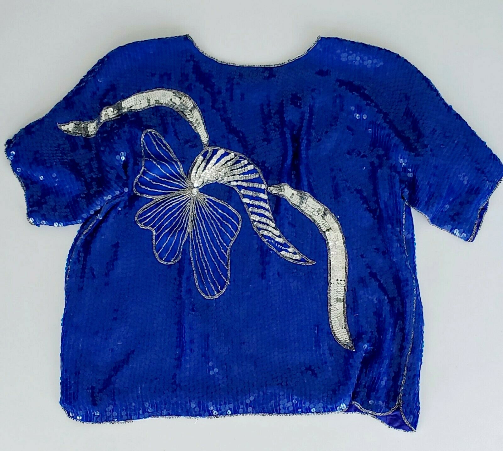 Vintage JEAN For JOSEPH LE BON Women’s Dressy Silk Top Blue & Silver Sequins M