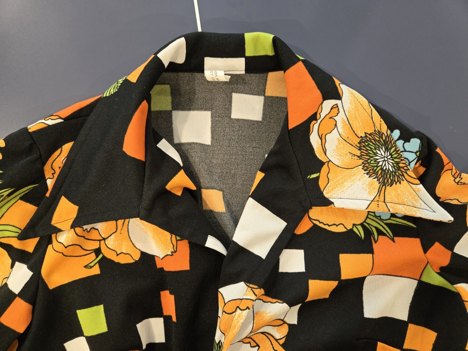 1970s Vintage Dagger Collar Blazer Blouse Orange Green Black White Disco Shirt