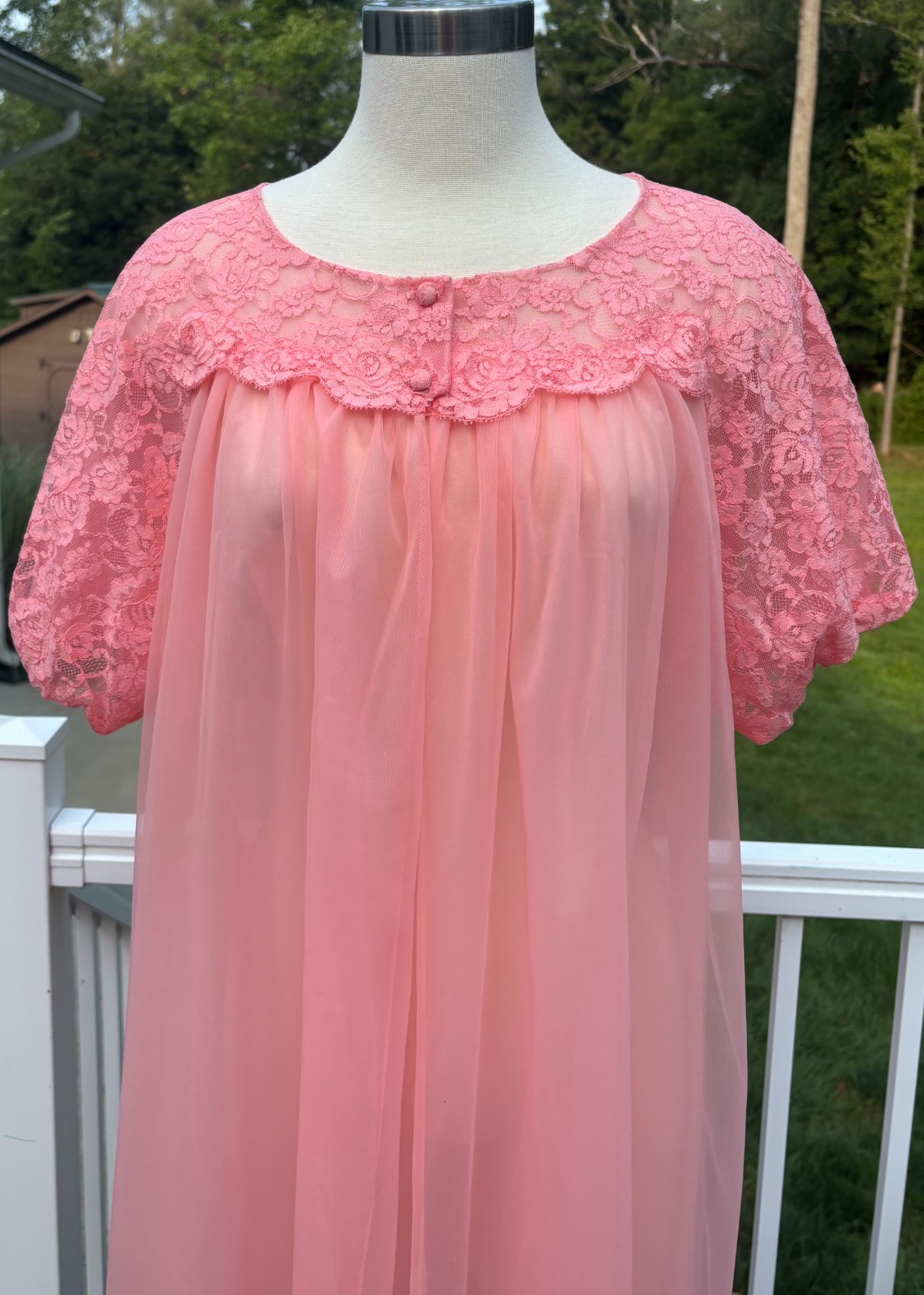 Vintage Sears Lace Puff Sleeve Sheer Nylon Chiffon Double Layer Robe 36