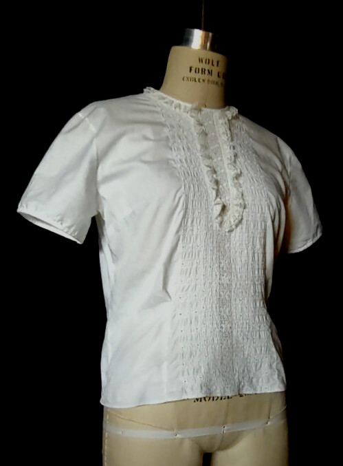 Vtg 1960s MCM Women’s WHITE Cotton TOP, Lacy Details, Short Sleeve by RHODA LEE
