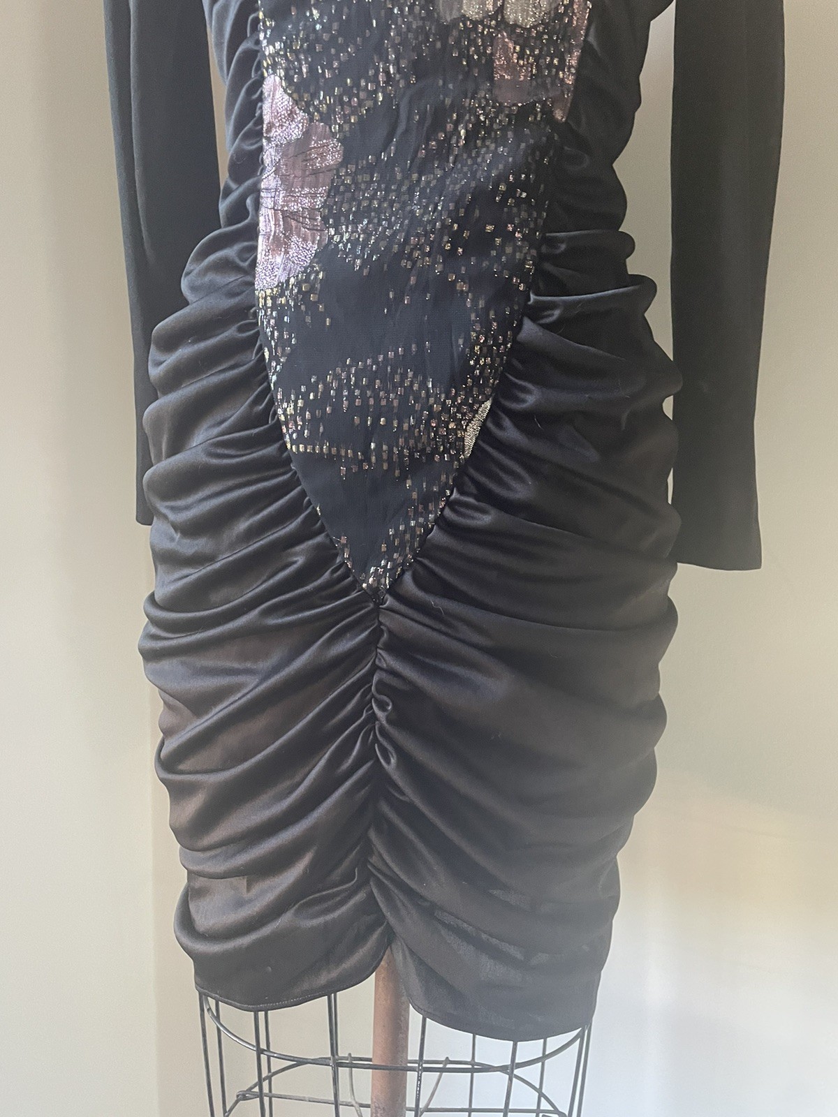Vintage ‘80s Glam Mini Dress Coffin Ruched Black & Sparkly Lurex Body Con XS