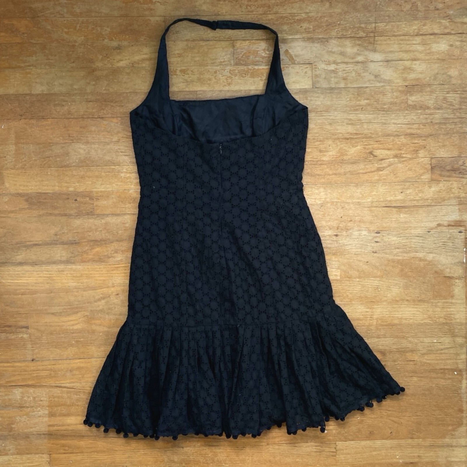 Vintage Eyelet Lace Cotton Dress Size Small 90s Maggy London Pom Pom Trim Halter