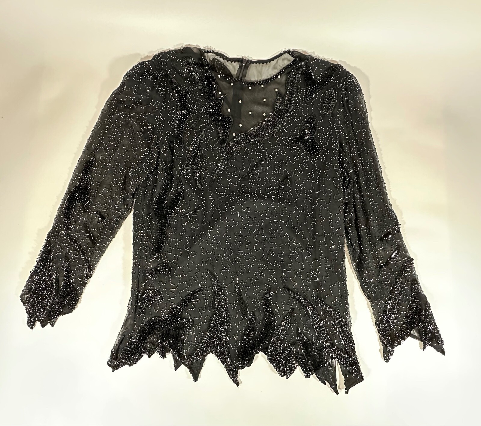 Vintage Sho Max Sheer Black Sequin Beaded Rhinestone Lined Top Blouse Sz M