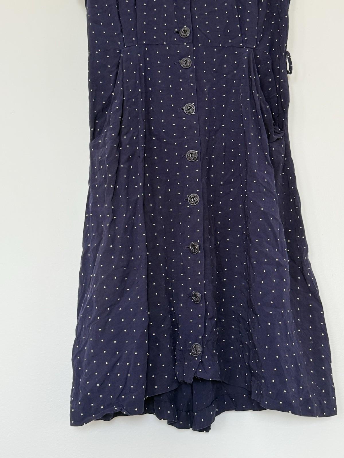 VINTAGE 40s FLOCKED POLKA DOT RAYON JERSEY BUTTON FRONT SLEEVELESS MIDI DRESS SM