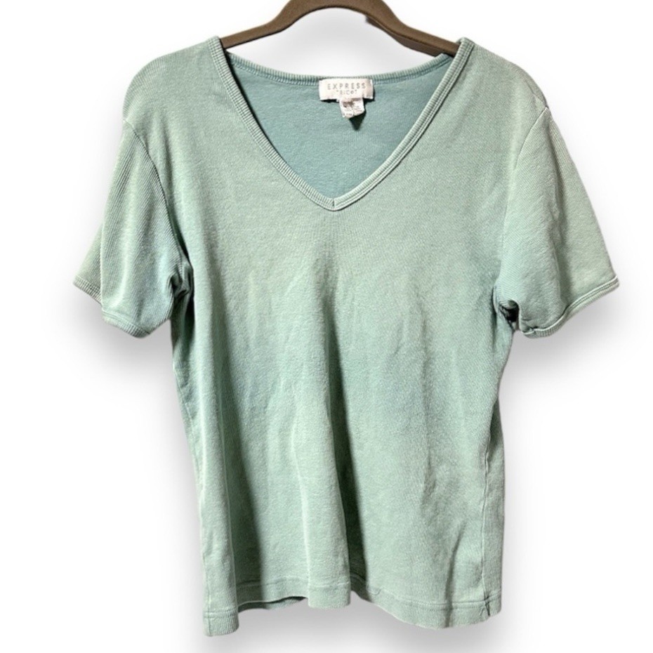 Vintage Express Tricot Mint Green Ribbed Short Sleeve V-Neck Shirt Size Large