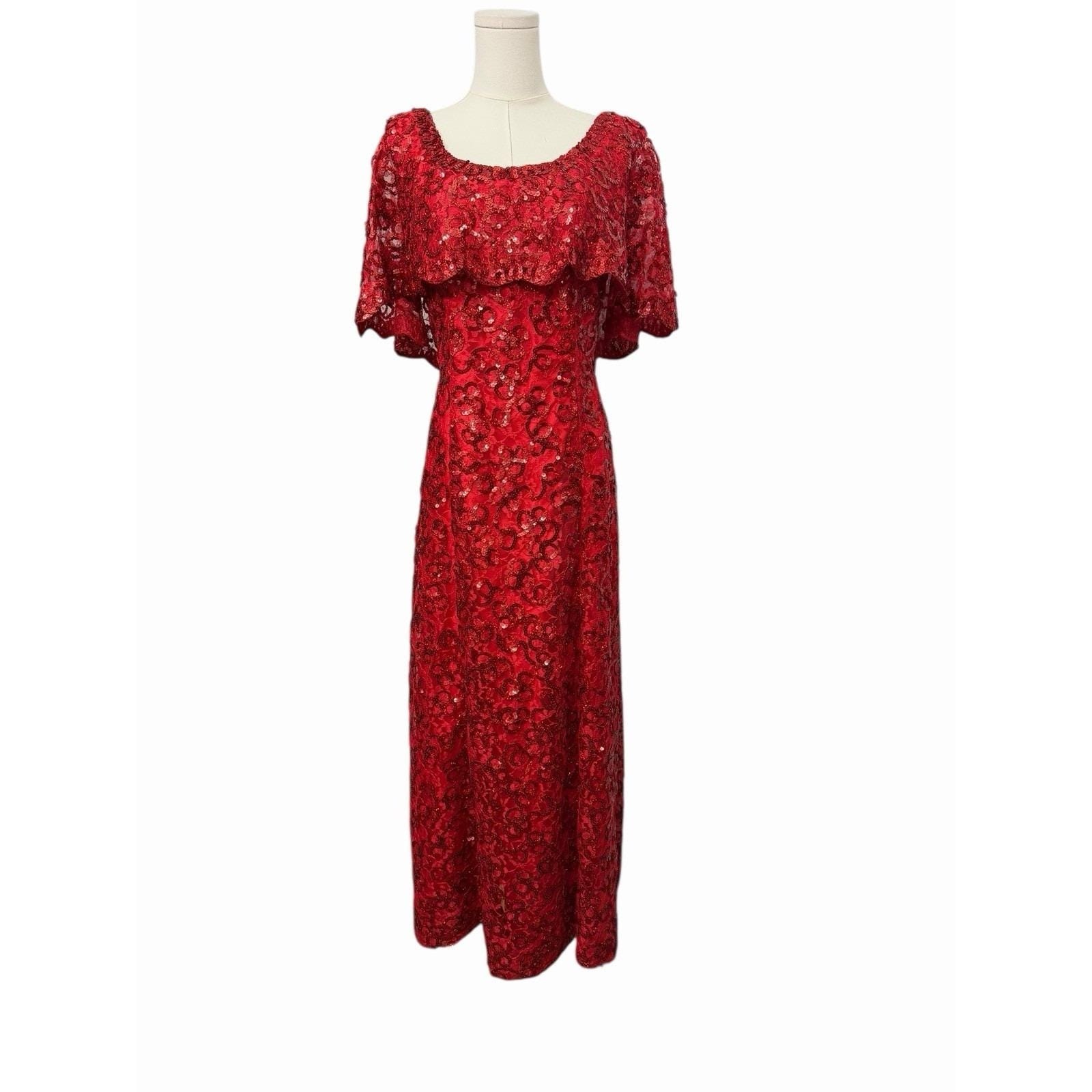 VTG. 80s Red Sequin Evening Gown 12 Old Hollywood Glam Flormal Regency Dress