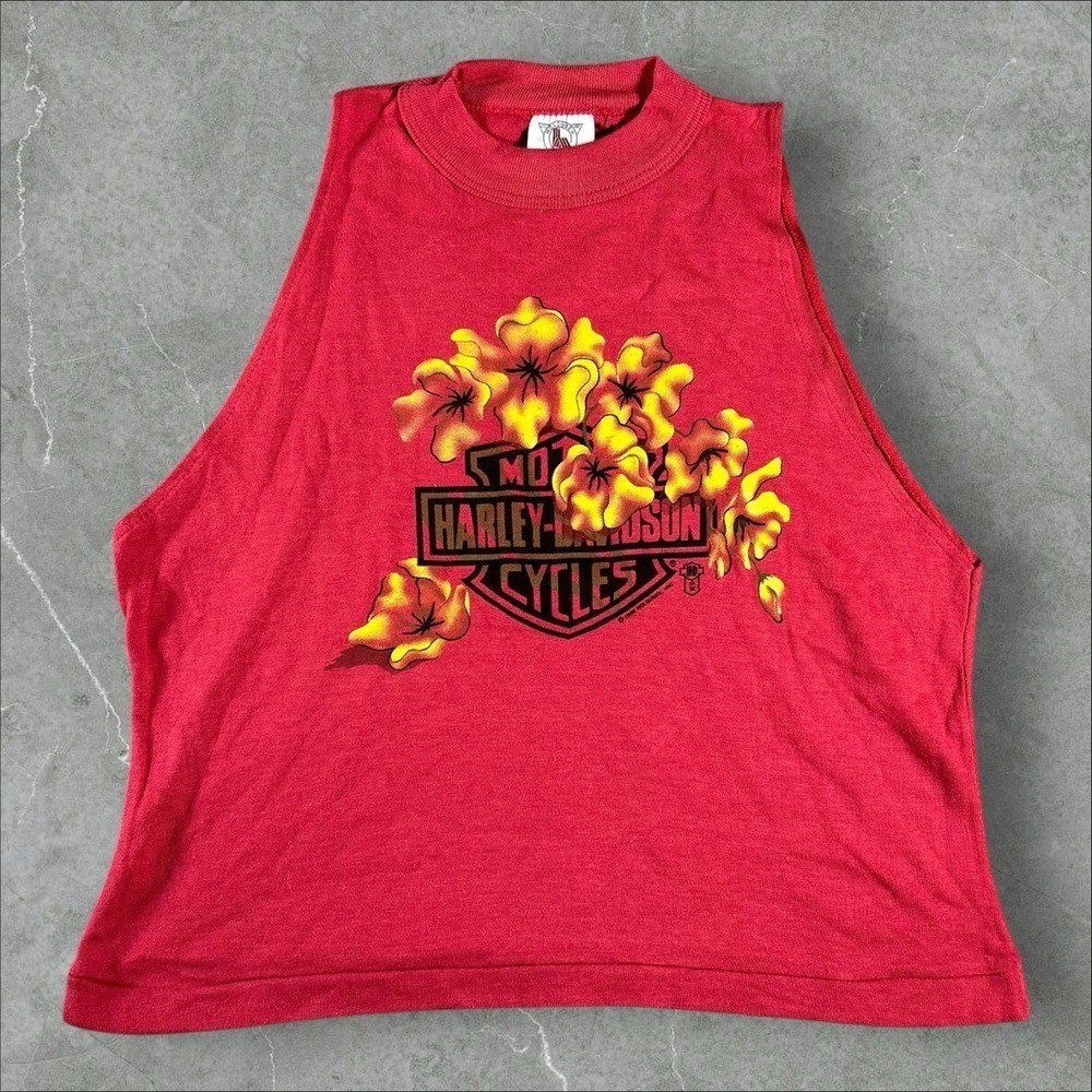 Vintage Harley-Davidson Tank Top Womens Large Red Floral Sleeveless Biker Grunge