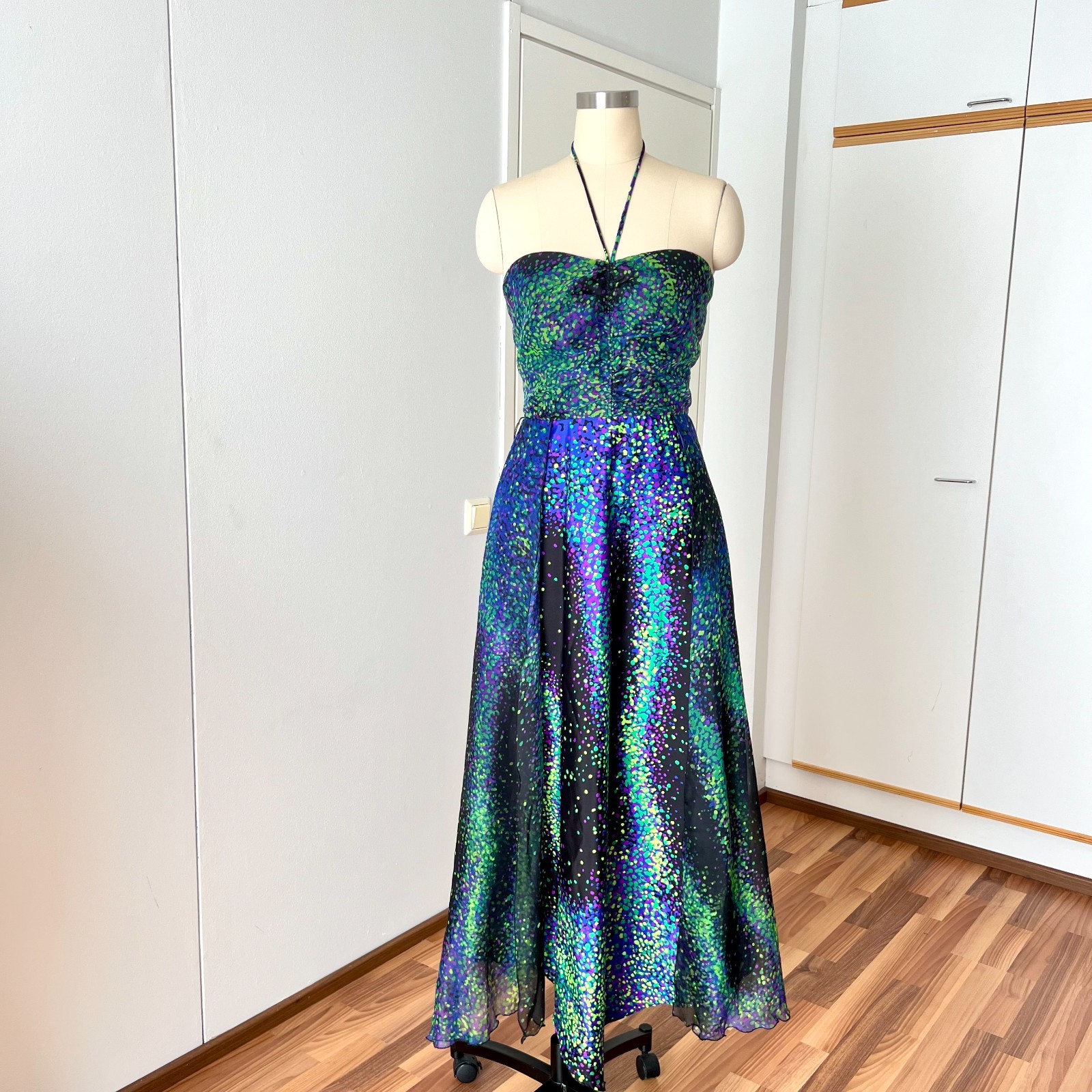 70s 80s VERA MONT Halter Neck Maxi Dress Abstract Print Formal Party Cocktail