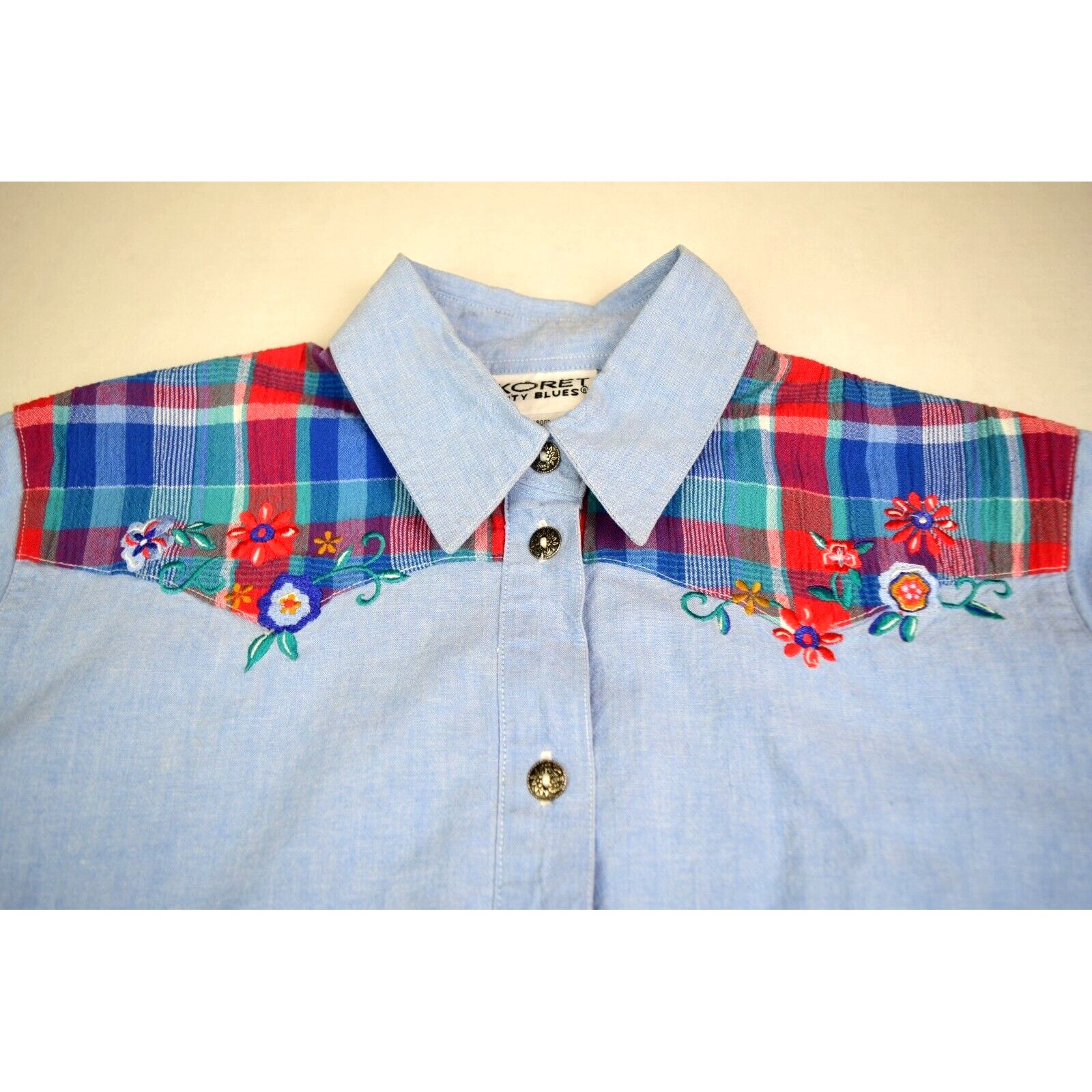 Vintage Shirt Koret City Blues Size S 80s Country Blue Chambray Plaid Shoulder
