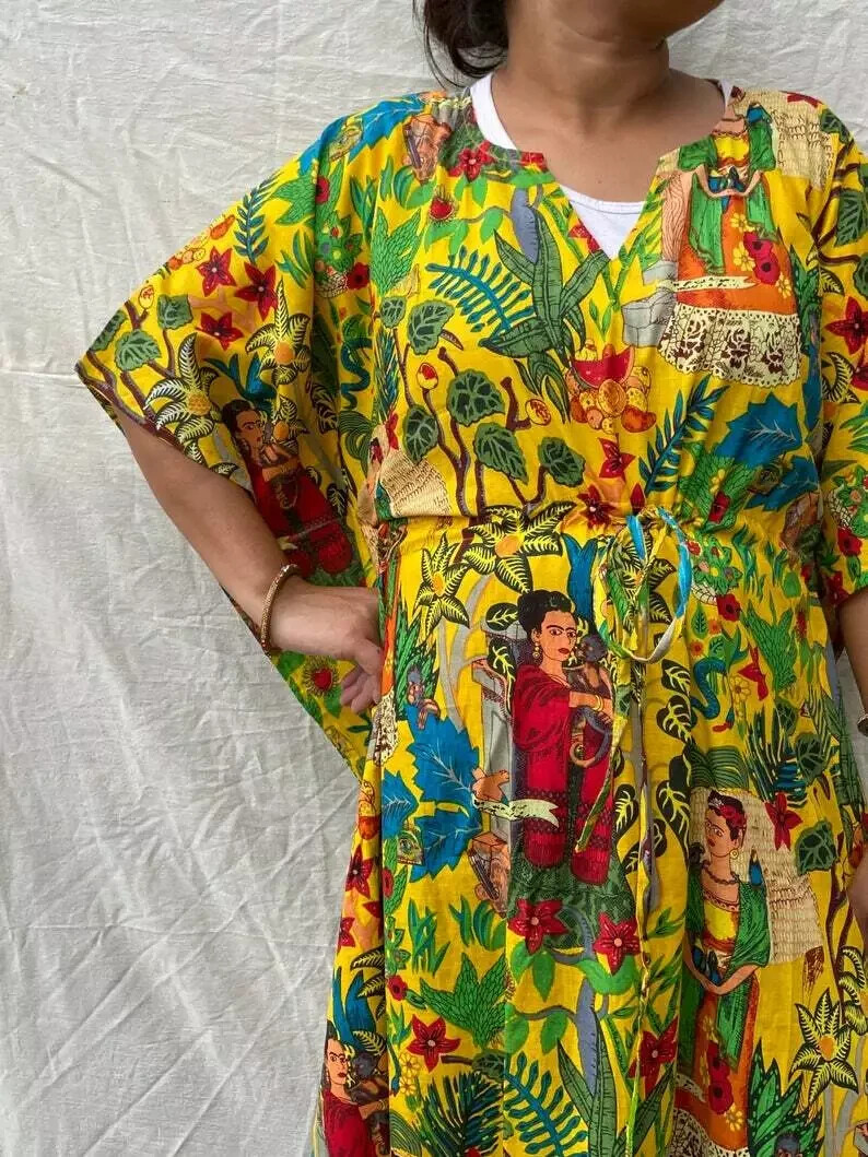Frida Kahlo Print Women Kaftan, 100% cotton light weight summer Kaftan, beach