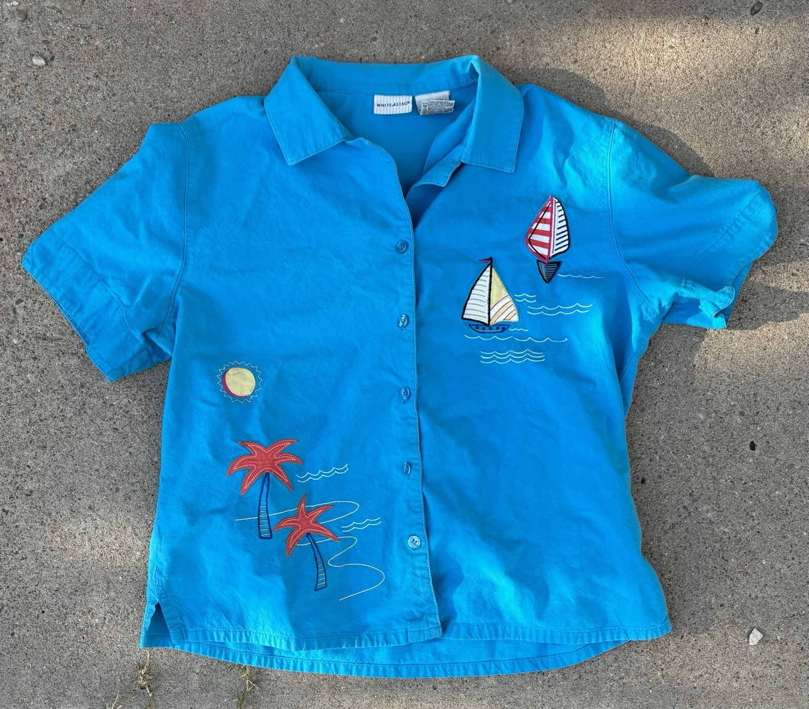 Vintage 100% Cotton L/XL Turquoise Shirt Sailboat Palm Tree Sun Embriodery
