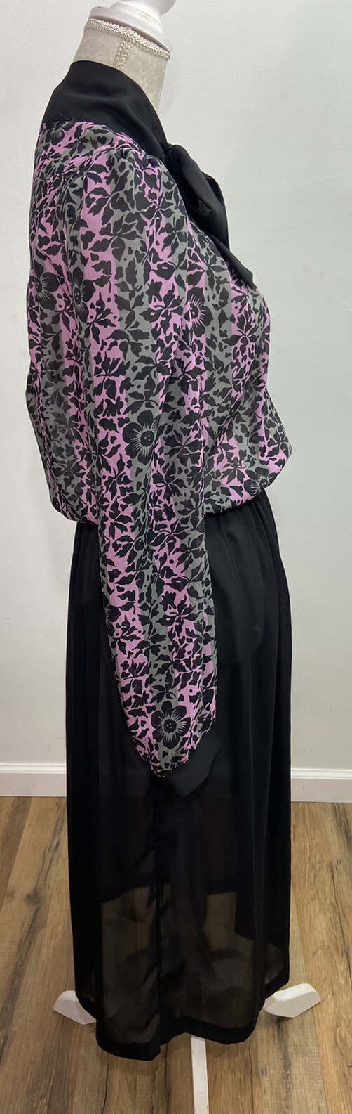 Vintage 60s Sheer Black and Purple Floral Blouson Tie Neck Dress Women’s Size 12