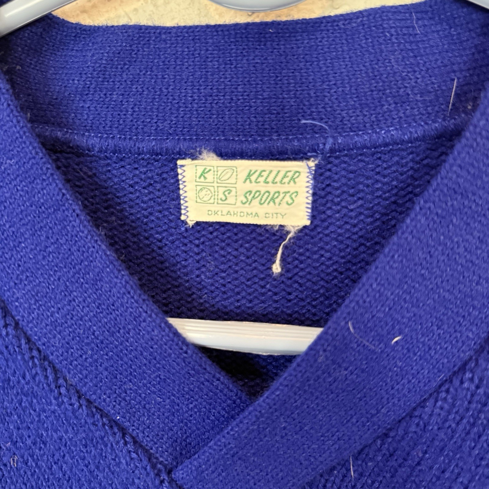 Vintage 50s/60s RARE Keller Sports OKC Blue Wool Cheer Knit Sweater Size Medium