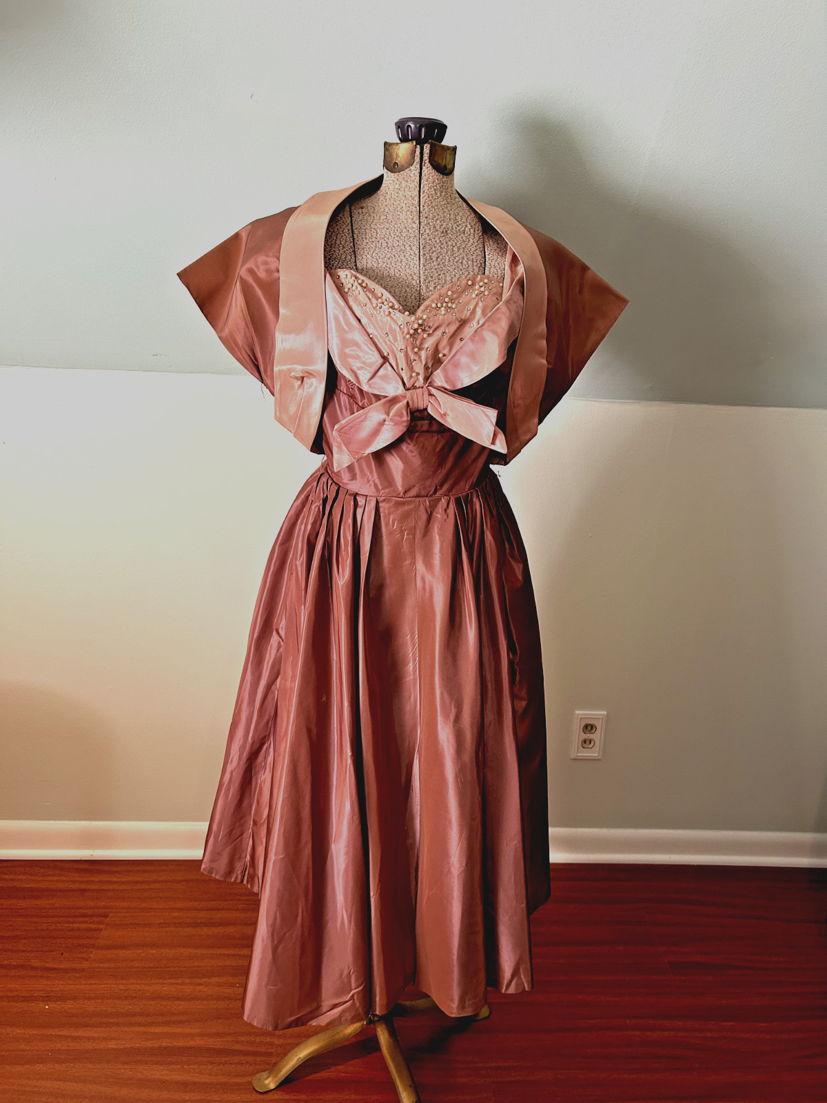 Incredible 1940s Taffeta Acetate Rhinestone Pearl Rose Pink Bustier Gown Bolero