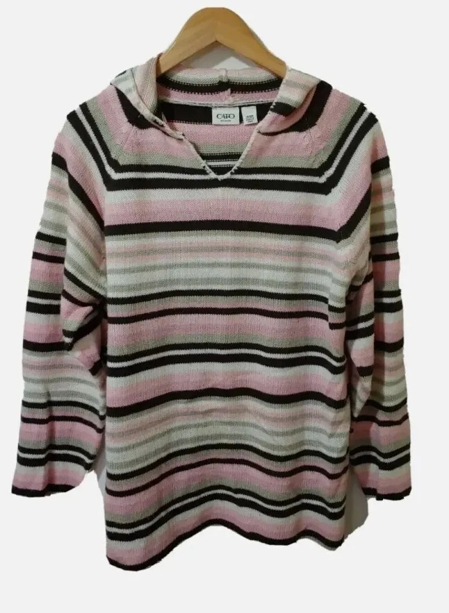 Cato Sweater Womens 14/16 Pullover Hoodie Knit Top Pink Stripe V-Neck L/S