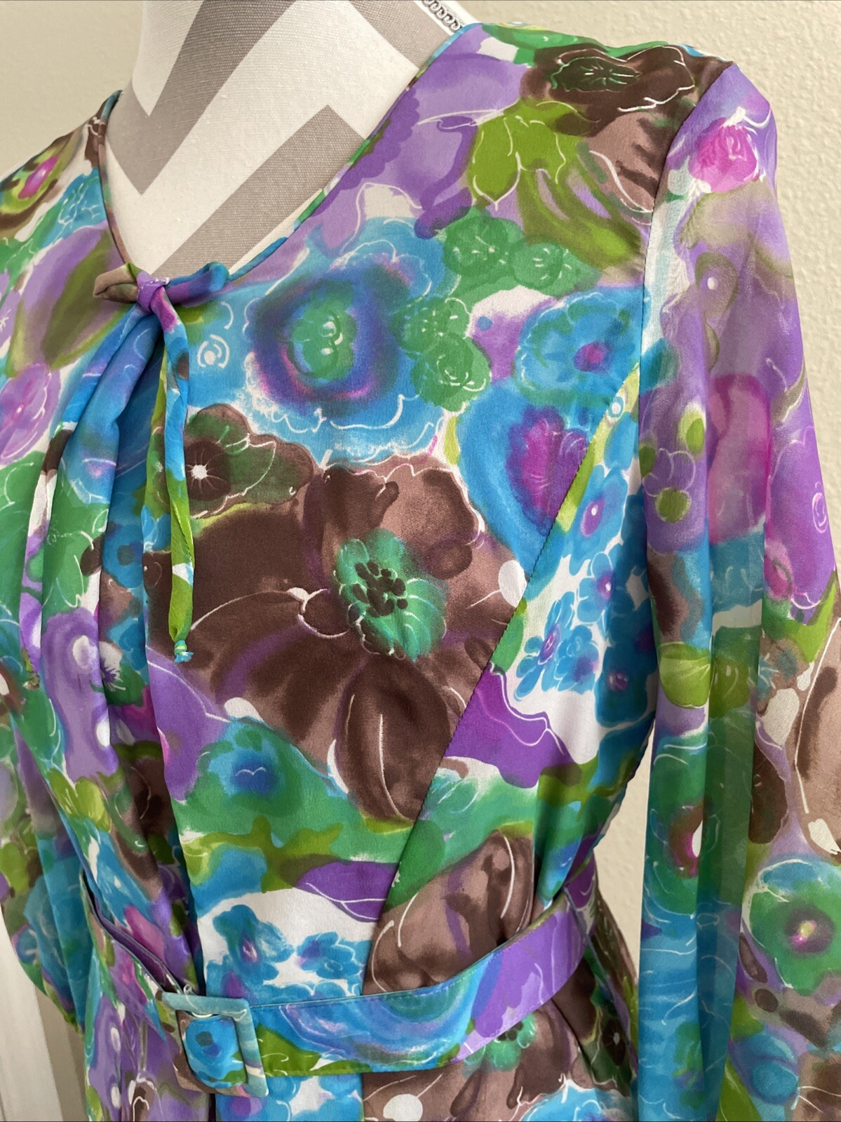 Vintage Floral Gown Blue Green Watercolor Chiffon Dress 60s 70s Size: XS S