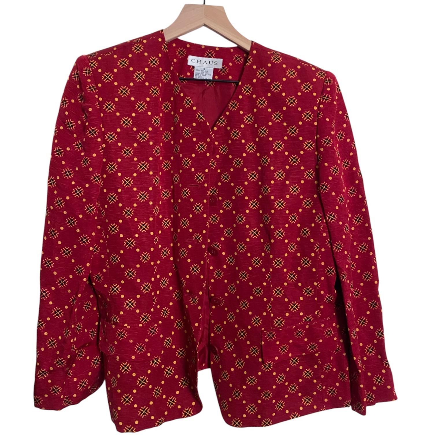 Red Silk Linen Collarless Blazer with Front Flap Pockets, Size 14