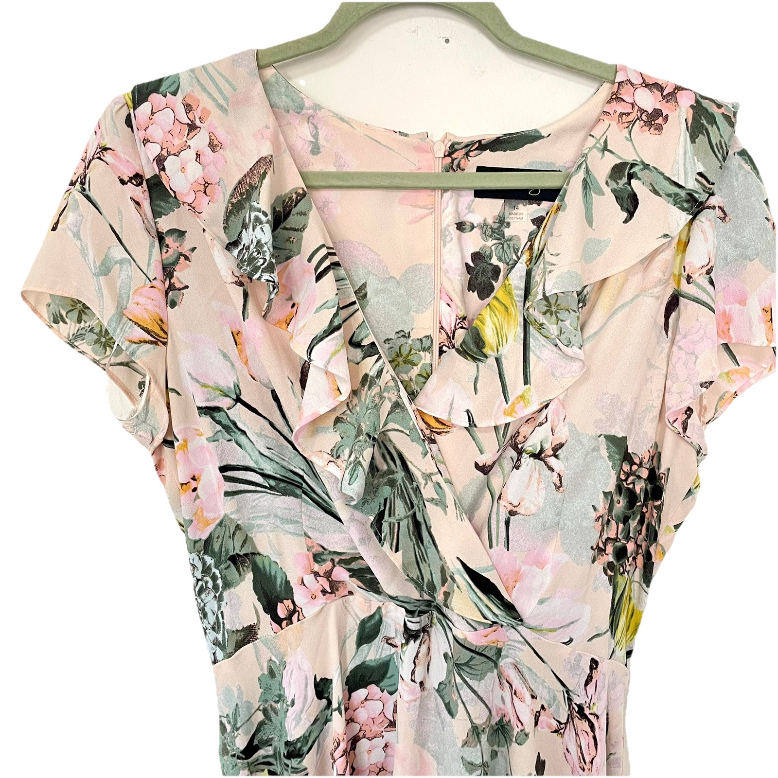 DN Design Dress 14 Ruffle V Neck 90s Floral Blush Hi Low Cottage Garden Feminine