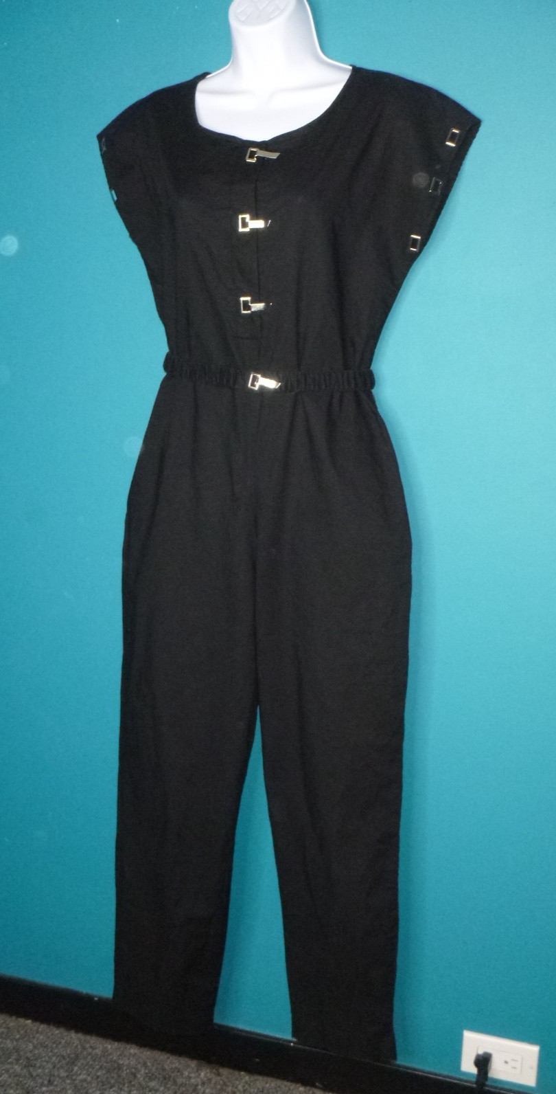 Vtg 80s Marissa Jumpsuit Black Silver Toggles NEW WAVE Sz M/L