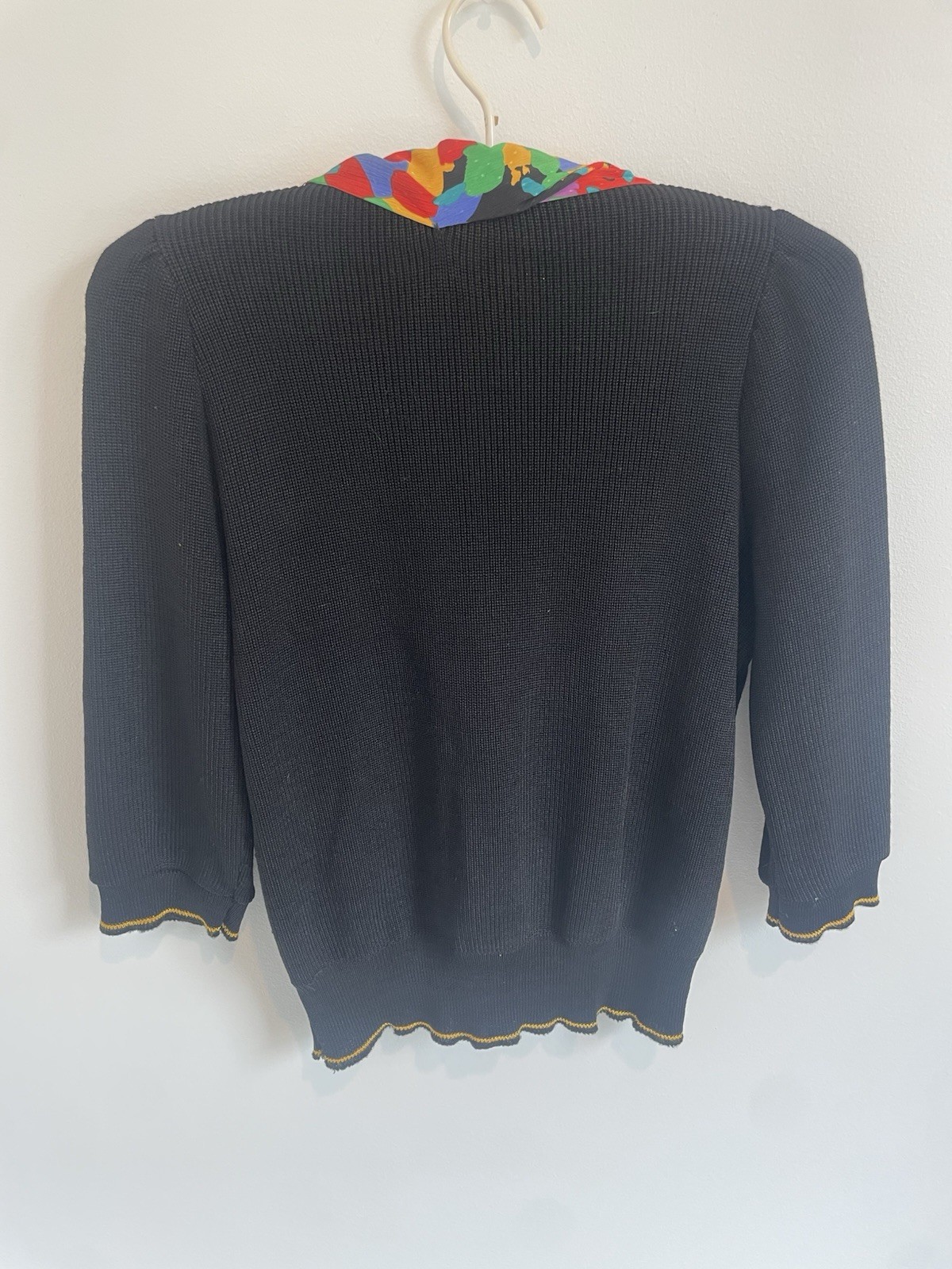 Vintage Vivanti Black Sweater W/ Color Scarf 3/4 Sleeve 1980s Made In USA Sz 10