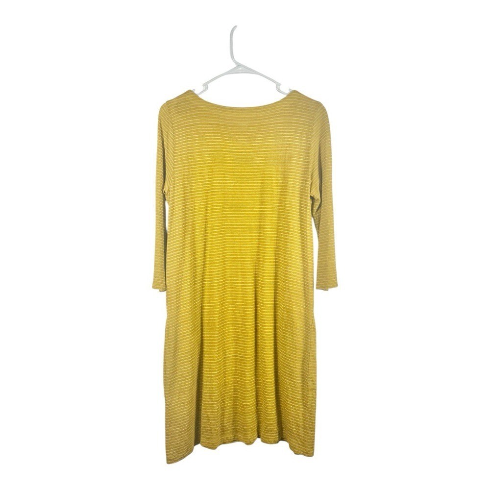 Eileen Fisher 100% Linen Stripe Mustard Yellow Pocket Dress Size XS or
