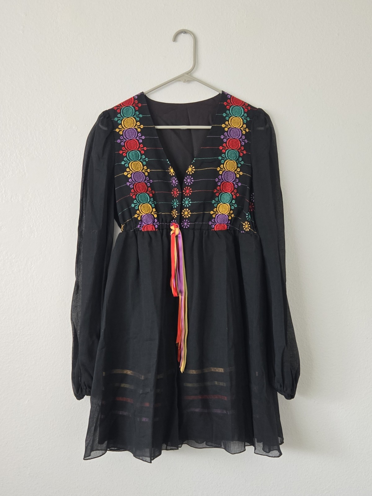 Vintage 1970s Young Edwardian by Arpeja Embroidered Black Dress