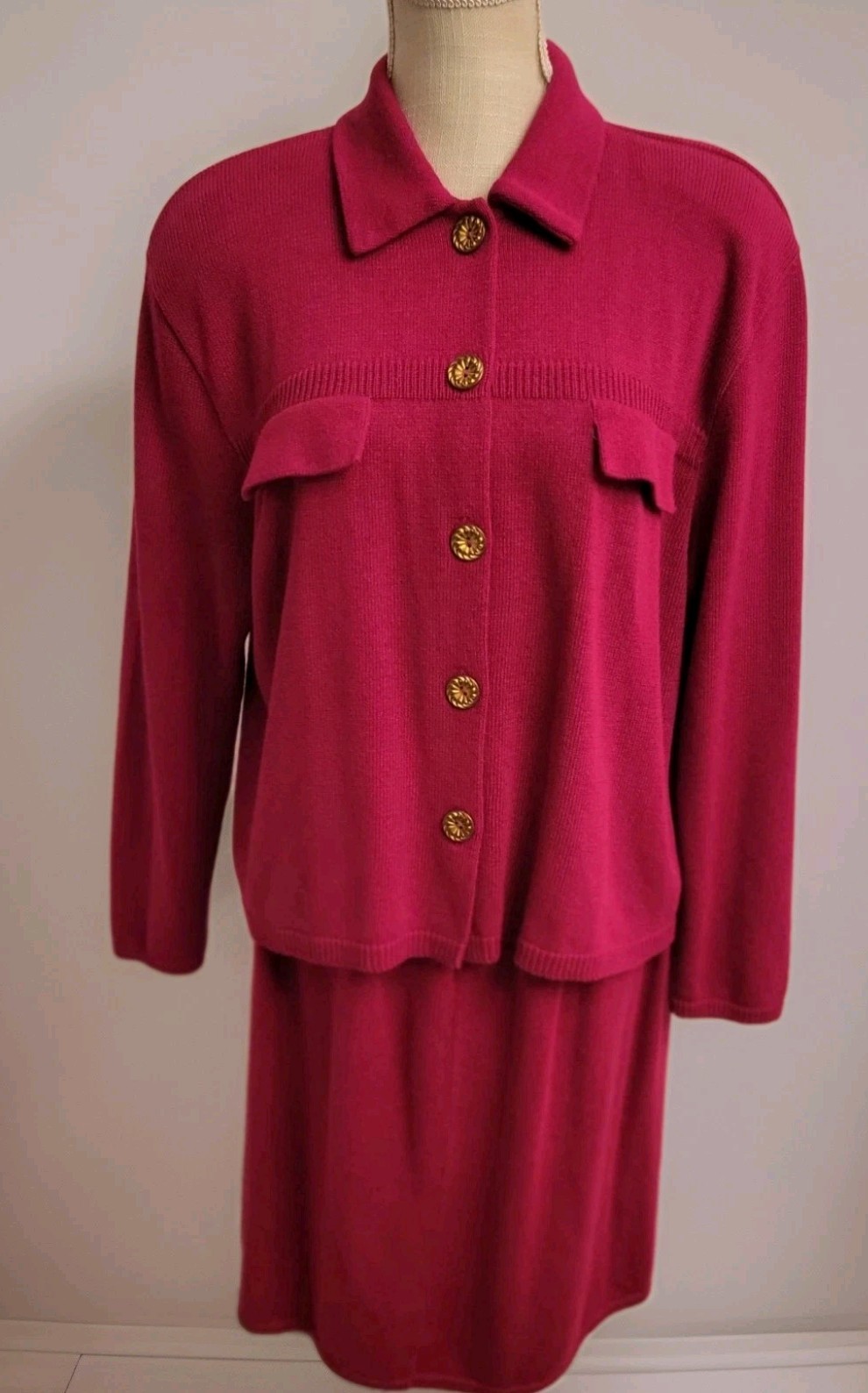 Vtg Knit Skirt Suit Lg 2Pc Laura Alyzia 70’s Fushsia Sweater Shoulder Pad USA