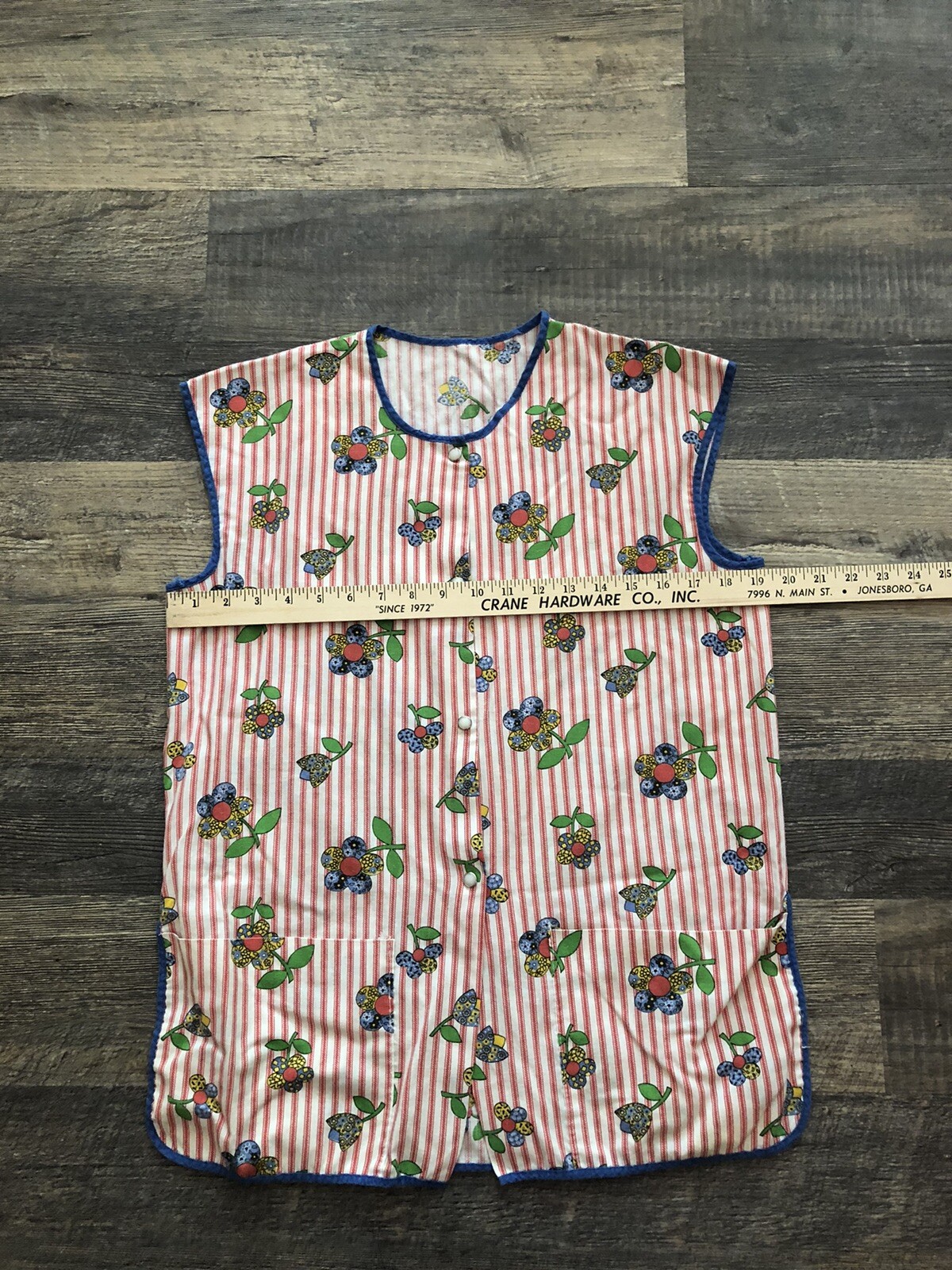 Vtg 60s/70s Floral Red Multicolor Top Vest Apron Smock Front Button Pockets~XL/L